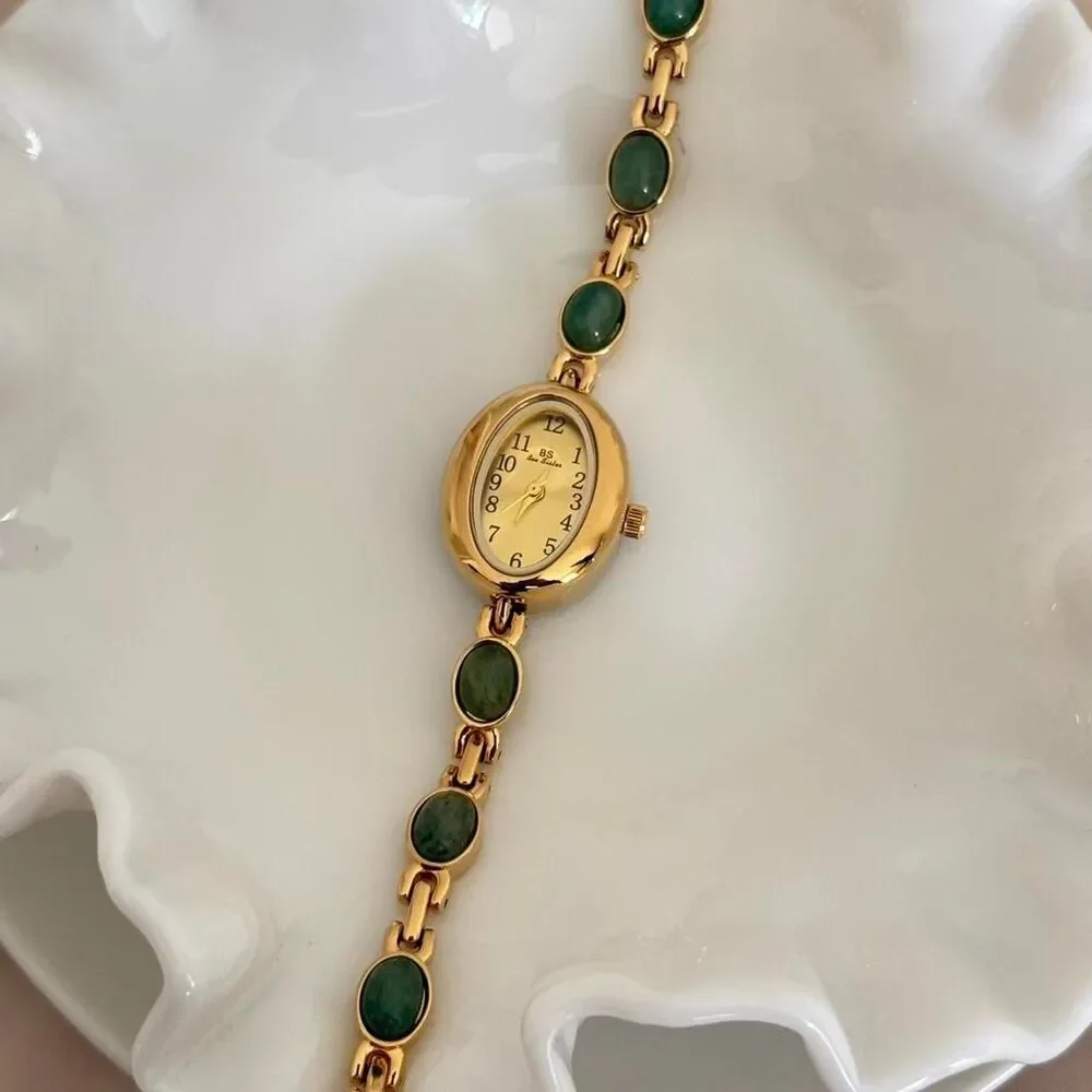 Dainty Gold and Green Stone Y2k stainless steel quartz charm watch